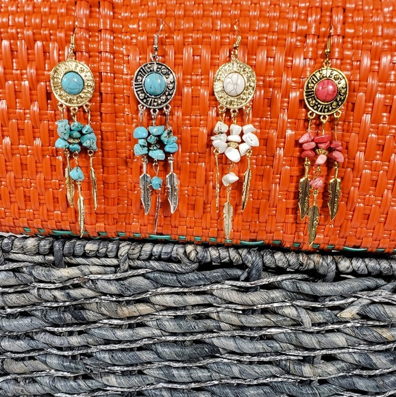 Bohemian Dangle Feather Natural Stone Earri - Picture 3 of 7